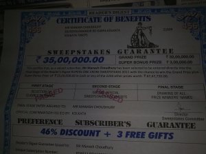Reader digest's fake sweepstakes certificate